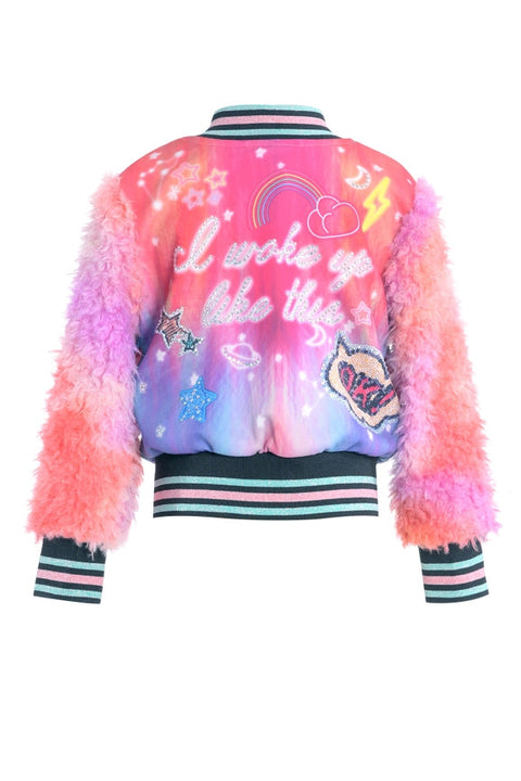 Printed Bomber Jacket W/Faux Fur Sleeves-Jacket-Hannah Banana-12M-purple multi-Urbanheer
