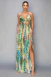 Printed Cut Out/Gold Chain Maxi Dress-Dress-Miss Avenue-S-Green-Urbanheer