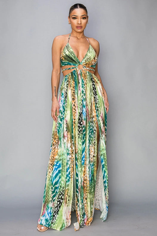 Printed Cut Out/Gold Chain Maxi Dress-Dress-Miss Avenue-S-Green-Urbanheer