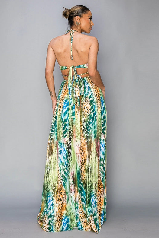 Printed Cut Out/Gold Chain Maxi Dress-Dress-Miss Avenue-S-Green-Urbanheer