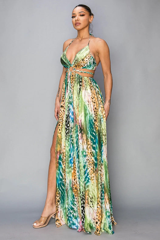 Printed Cut Out/Gold Chain Maxi Dress-Dress-Miss Avenue-S-Green-Urbanheer