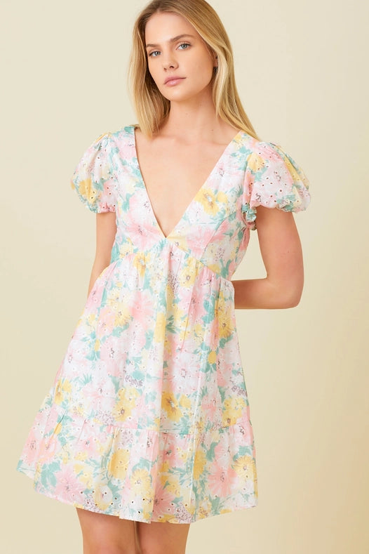 Printed Eyelet Tiered Mini Dress-Dress-Baevely by Wellmade USA-S-MULTI-Urbanheer