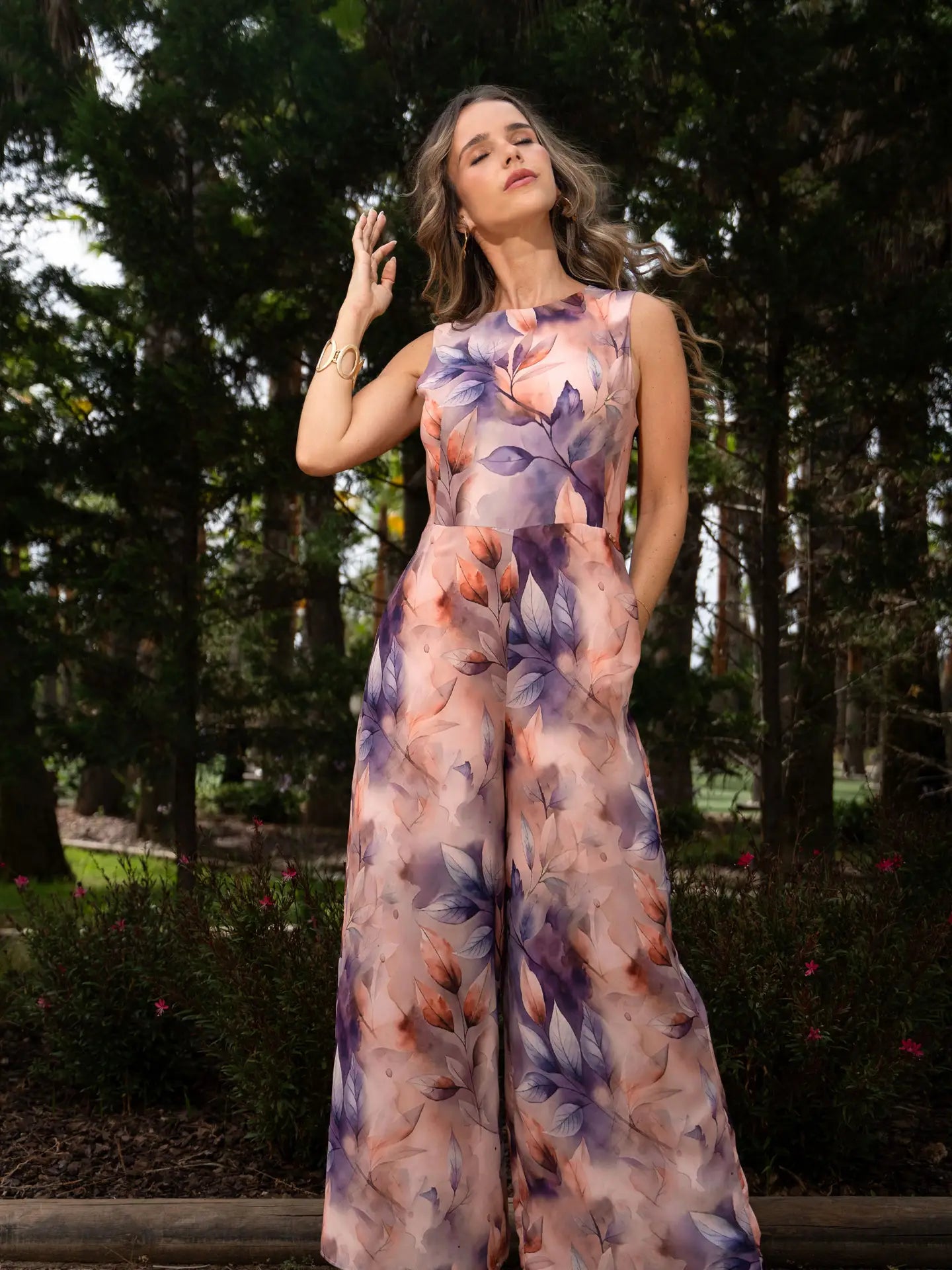 Printed Fluid Fabric Wide Leg Jumpsuit