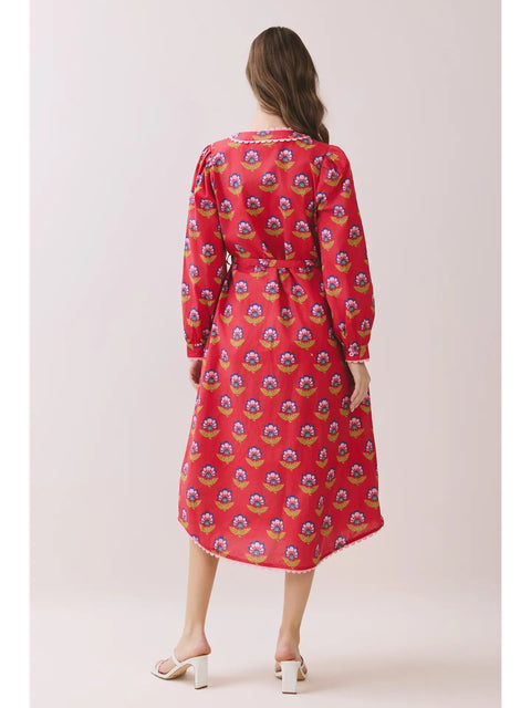Printed Long Sleeve Button Down Midi Dress