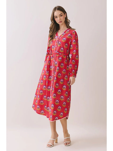 Printed Long Sleeve Button Down Midi Dress