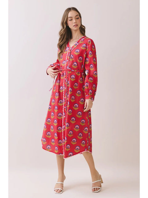 Printed Long Sleeve Button Down Midi Dress