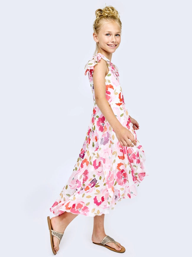 Printed Midi Dress with Flutter Sleeves-Dress-Hannah Banana-4-PINK MULTI-Urbanheer