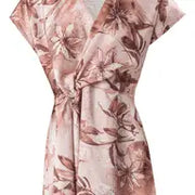 Printed Satin Dress with V-Neckline and Knot Effect