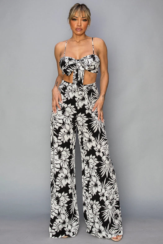 Printed Tie Chest Strap Tube Top Pant Set