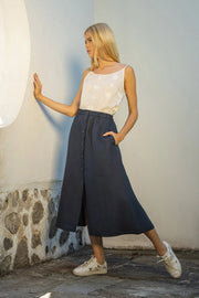 Provance Pleated Linen Midi Skirt with Front Split-Skirt-Truly Linen-XS-navy-Urbanheer