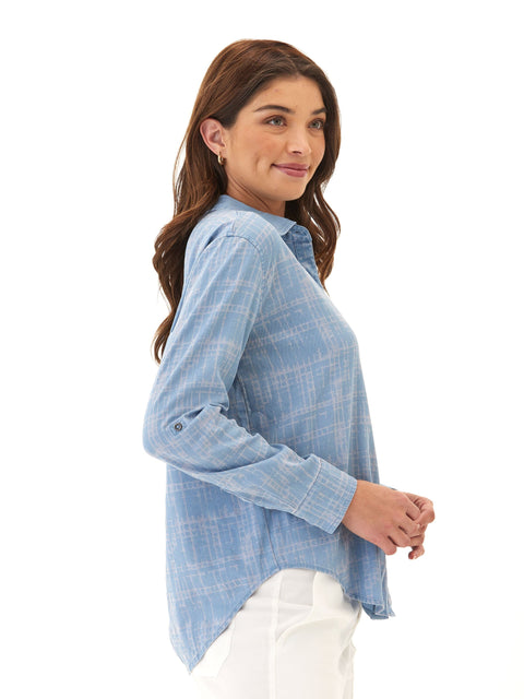 Prudence Grid Plaid Stretch Chambray Button-Down