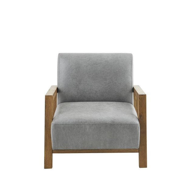 Pu Leather Low Chair with Reclaimed Wood Finish, Grey *