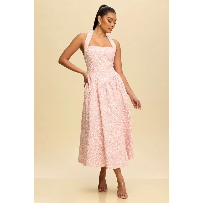 Puff Jacquard Midi Dress PINK-Dress-Luxxel-S-PINK-Urbanheer