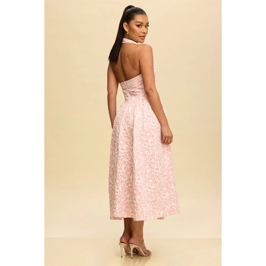 Puff Jacquard Midi Dress PINK-Dress-Luxxel-S-PINK-Urbanheer