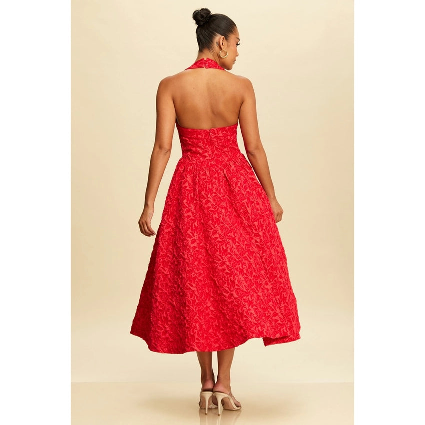 Puff Jacquard Midi Dress RED-Dress-Luxxel-S-RED-Urbanheer