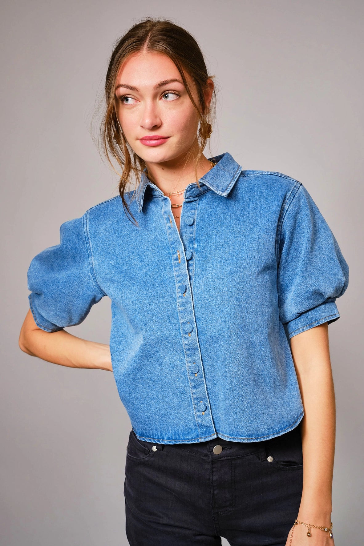Puff Short Sleeve Button Down Denim Shirt