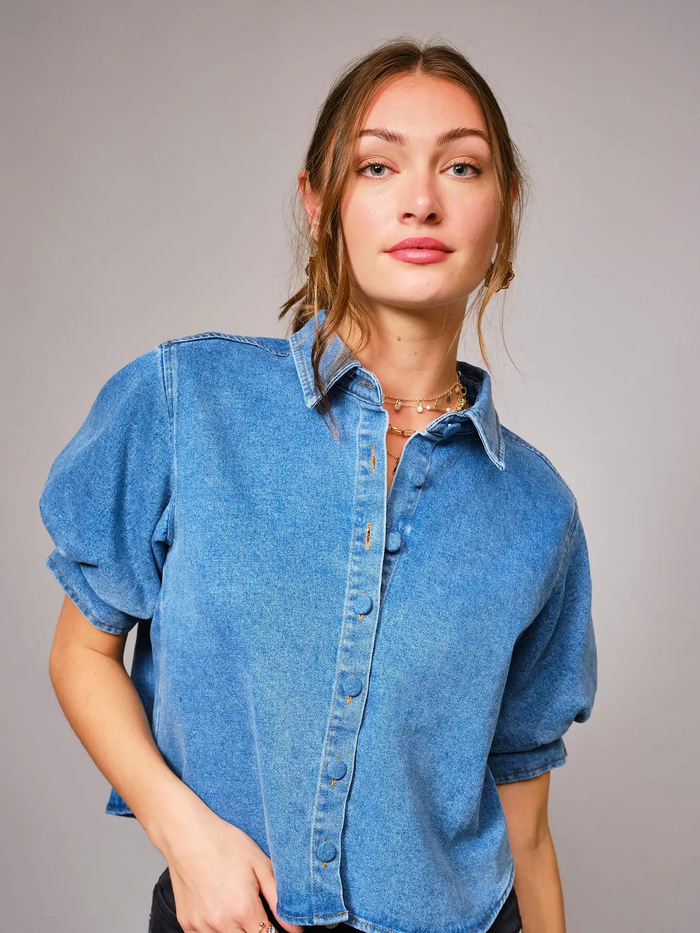 Puff Short Sleeve Button Down Denim Shirt