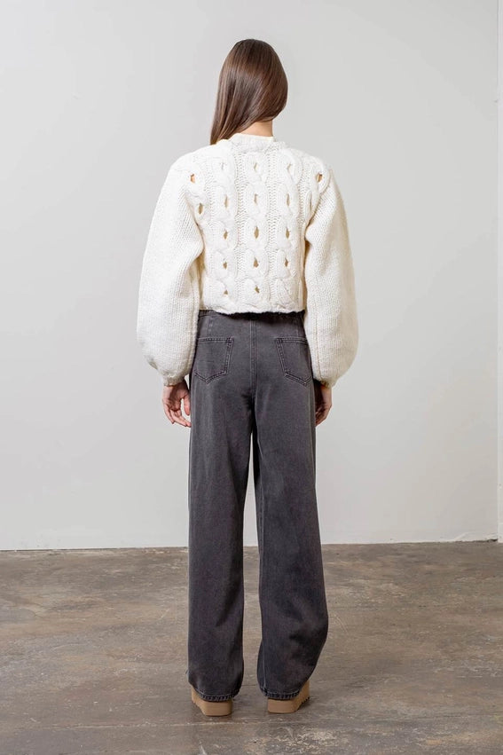 Puff Sleeve Cable Knit Cardigan-Cardigan-Moon River-XS-IVORY-Urbanheer