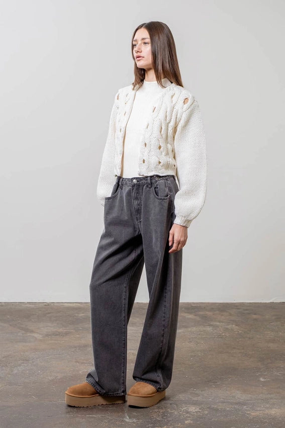 Puff Sleeve Cable Knit Cardigan-Cardigan-Moon River-XS-IVORY-Urbanheer