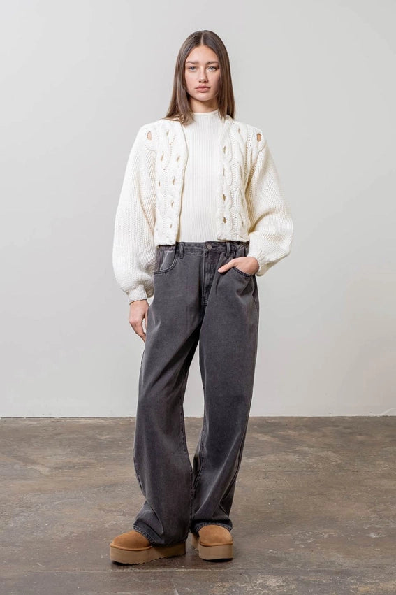 Puff Sleeve Cable Knit Cardigan-Cardigan-Moon River-XS-IVORY-Urbanheer