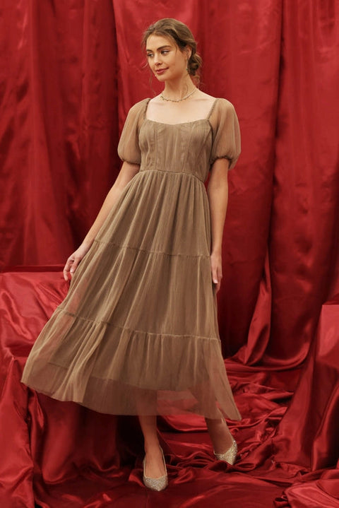 Puff Sleeve Corset Tiered Organza Midi Dress MOCHA-Dress-Blu Pepper-S-MOCHA-Urbanheer