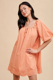 Puff Sleeve Embroidered Cotton Modal Dress Apricot Crush-Dress-In Loom-S-Urbanheer