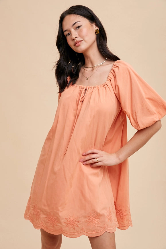 Puff Sleeve Embroidered Cotton Modal Dress Apricot Crush-Dress-In Loom-S-Urbanheer