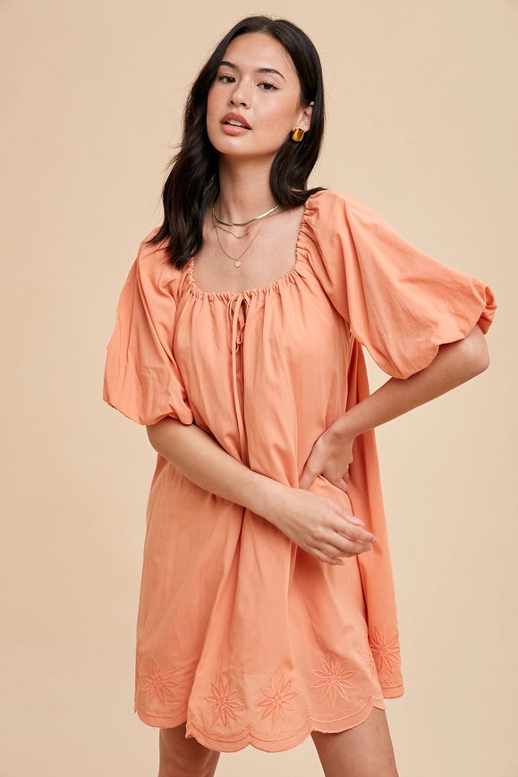 Puff Sleeve Embroidered Cotton Modal Dress Apricot Crush-Dress-In Loom-S-Urbanheer