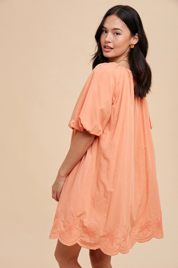 Puff Sleeve Embroidered Cotton Modal Dress Apricot Crush-Dress-In Loom-S-Urbanheer