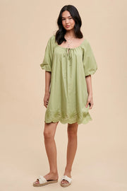 Puff Sleeve Embroidered Cotton Modal Dress Moss-Dress-In Loom-S-Urbanheer