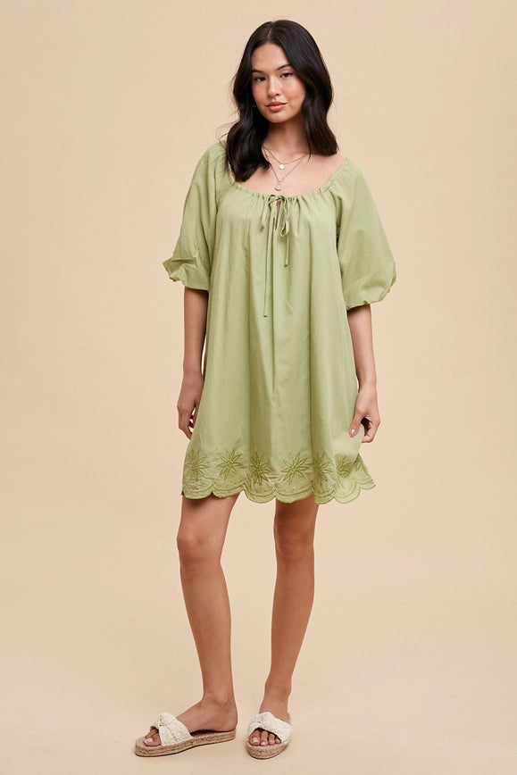 Puff Sleeve Embroidered Cotton Modal Dress Moss-Dress-In Loom-S-Urbanheer
