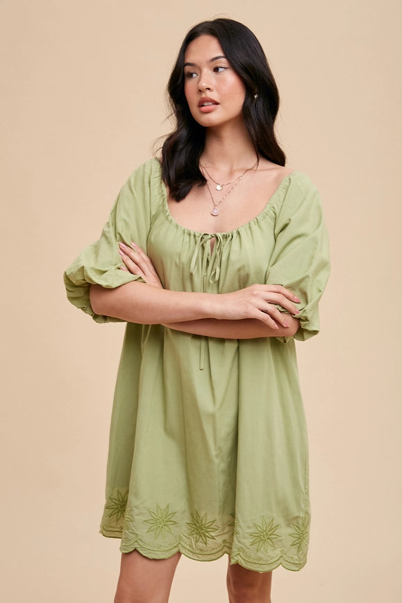 Puff Sleeve Embroidered Cotton Modal Dress Moss-Dress-In Loom-S-Urbanheer