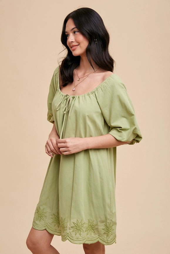 Puff Sleeve Embroidered Cotton Modal Dress Moss-Dress-In Loom-S-Urbanheer