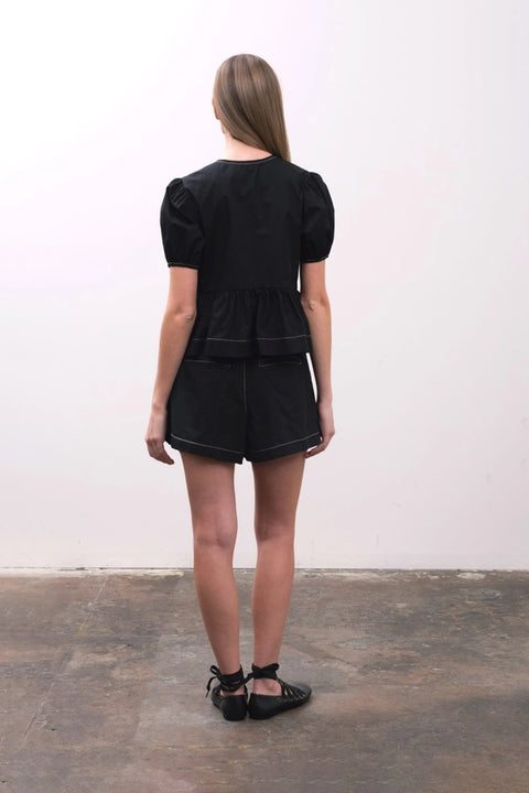Puff Sleeve Front Tie Contrast Detail Top-Top-Moon River-XS-BLACK-Urbanheer