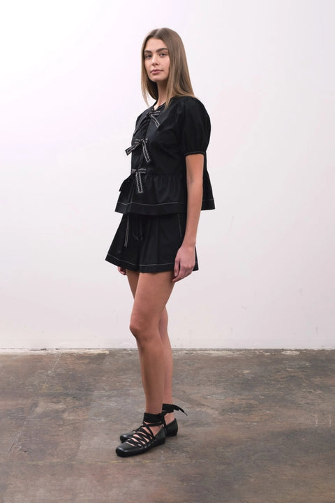 Puff Sleeve Front Tie Contrast Detail Top-Top-Moon River-XS-BLACK-Urbanheer