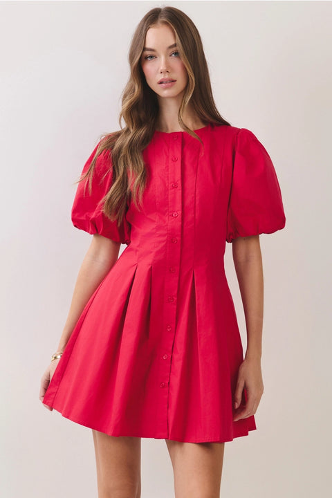 Puff Sleeve Pleated Mini Dress
