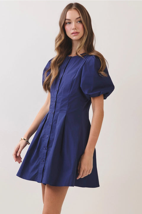 Puff Sleeve Pleated Mini Dress