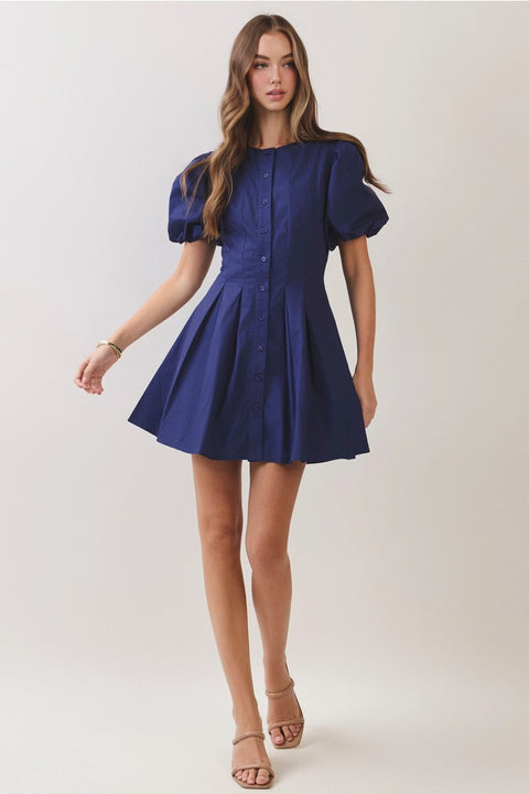 Puff Sleeve Pleated Mini Dress
