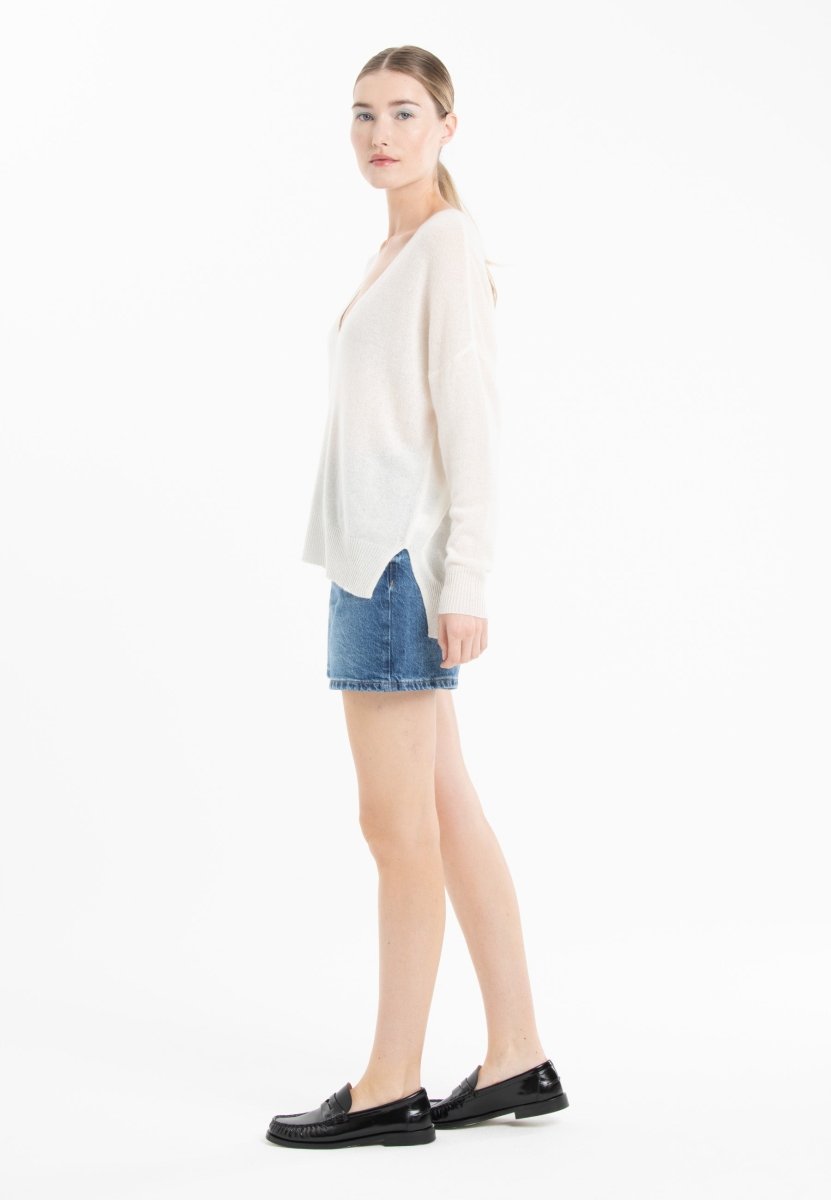 Pull col V en cachemire blanc écru/ rose barbie femme - NAMI 23-col v femme-Studio Cashmere8-S-M-SC8-01112-blanc écru/rose barbie-Urbanheer