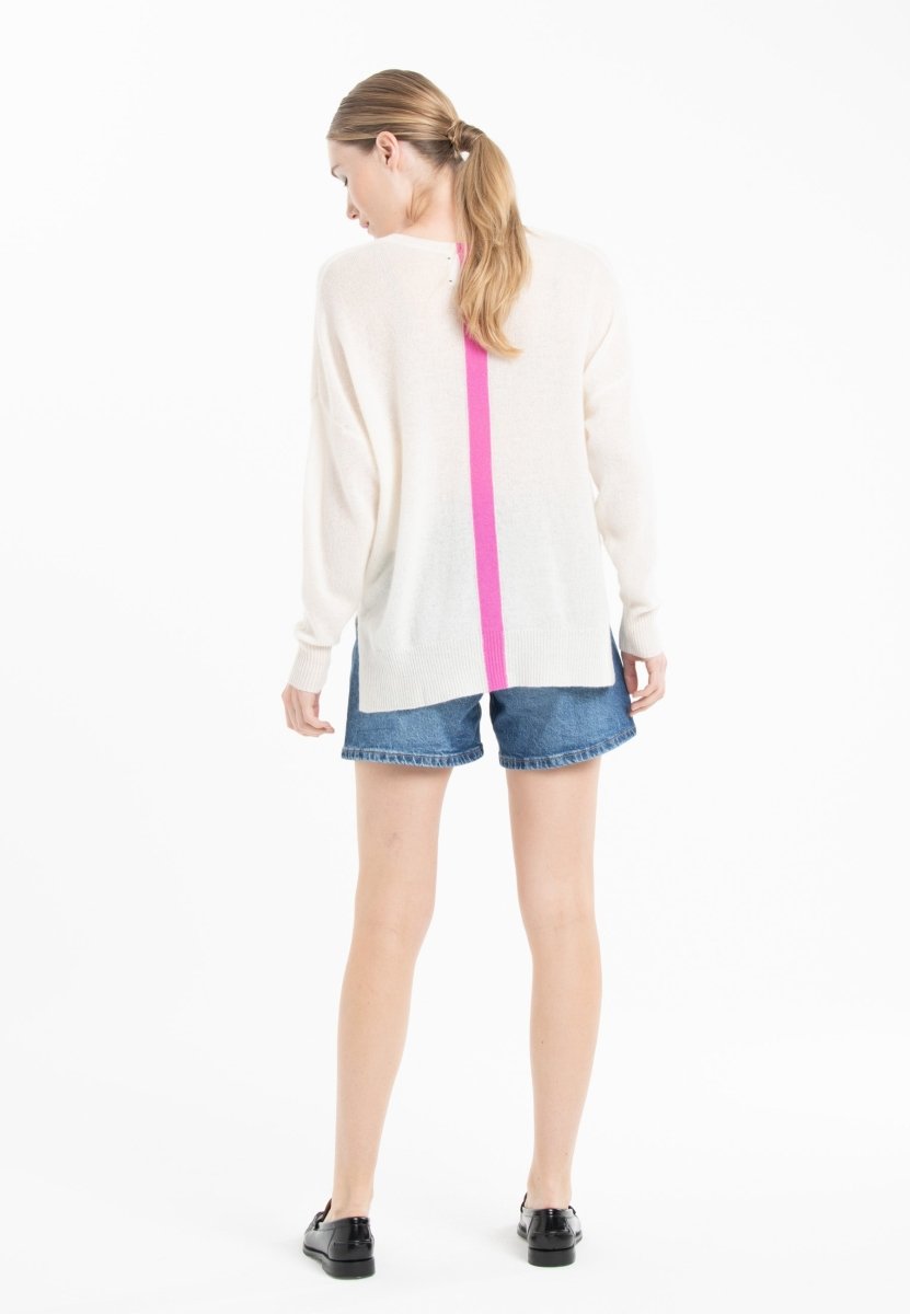 Pull col V en cachemire blanc écru/ rose barbie femme - NAMI 23-col v femme-Studio Cashmere8-S-M-SC8-01112-blanc écru/rose barbie-Urbanheer