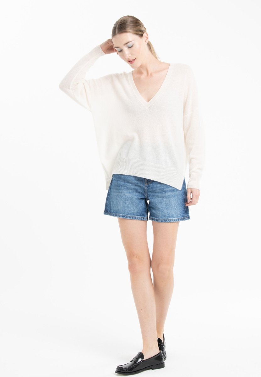 Pull col V en cachemire blanc écru/ rose barbie femme - NAMI 23-col v femme-Studio Cashmere8-S-M-SC8-01112-blanc écru/rose barbie-Urbanheer