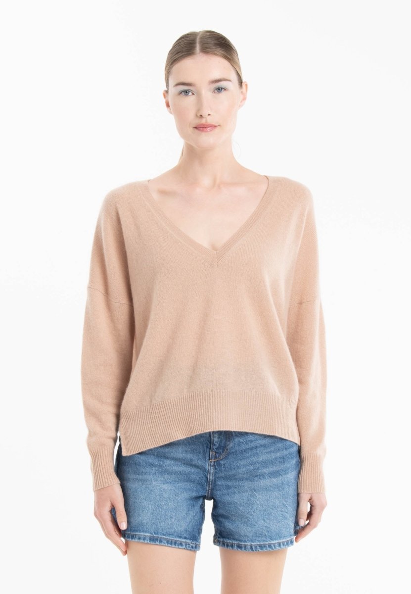 Pull col V en cachemire camel clair/ violet femme - NAMI 23-col v femme-Studio Cashmere8-S-M-SC8-01110-camel clair/violet-Urbanheer