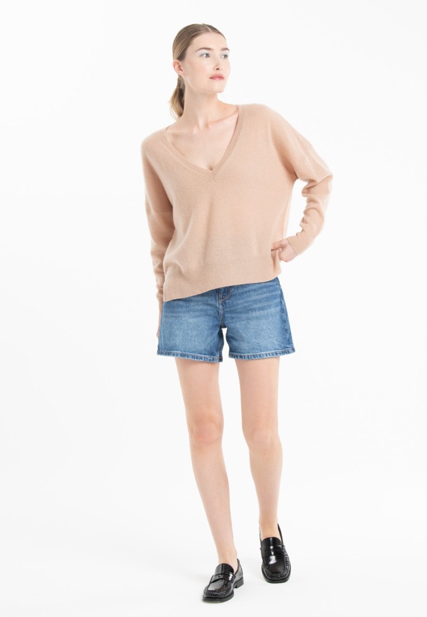 Pull col V en cachemire camel clair/ violet femme - NAMI 23-col v femme-Studio Cashmere8-S-M-SC8-01110-camel clair/violet-Urbanheer