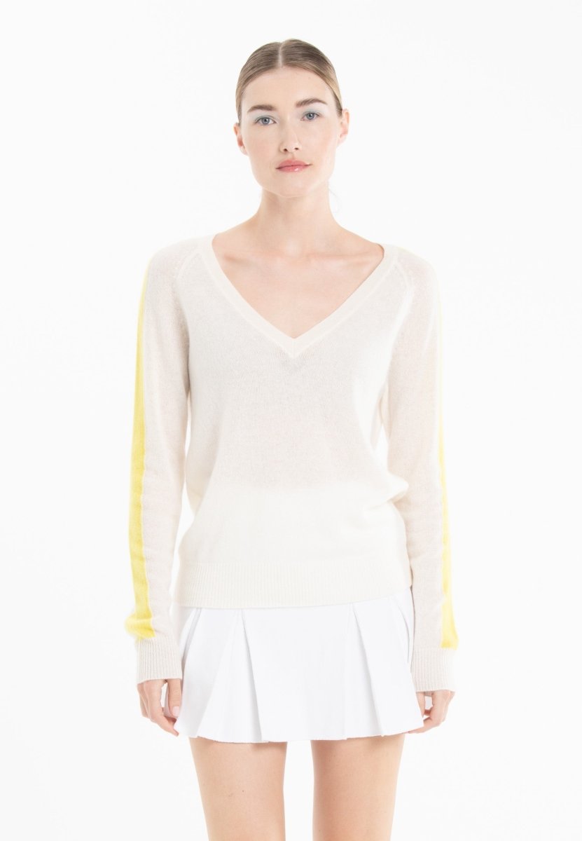 Pull col V en cachemire écru/ jaune fluo femme - RIA 1-col v femme-Studio Cashmere8-M-SC8-01074-blanc écru/jaune fluo-Urbanheer