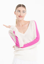 Pull col V en cachemire écru/ rose barbie femme - RIA 1-col v femme-Studio Cashmere8-M-SC8-01075-blanc écru/rose barbie-Urbanheer