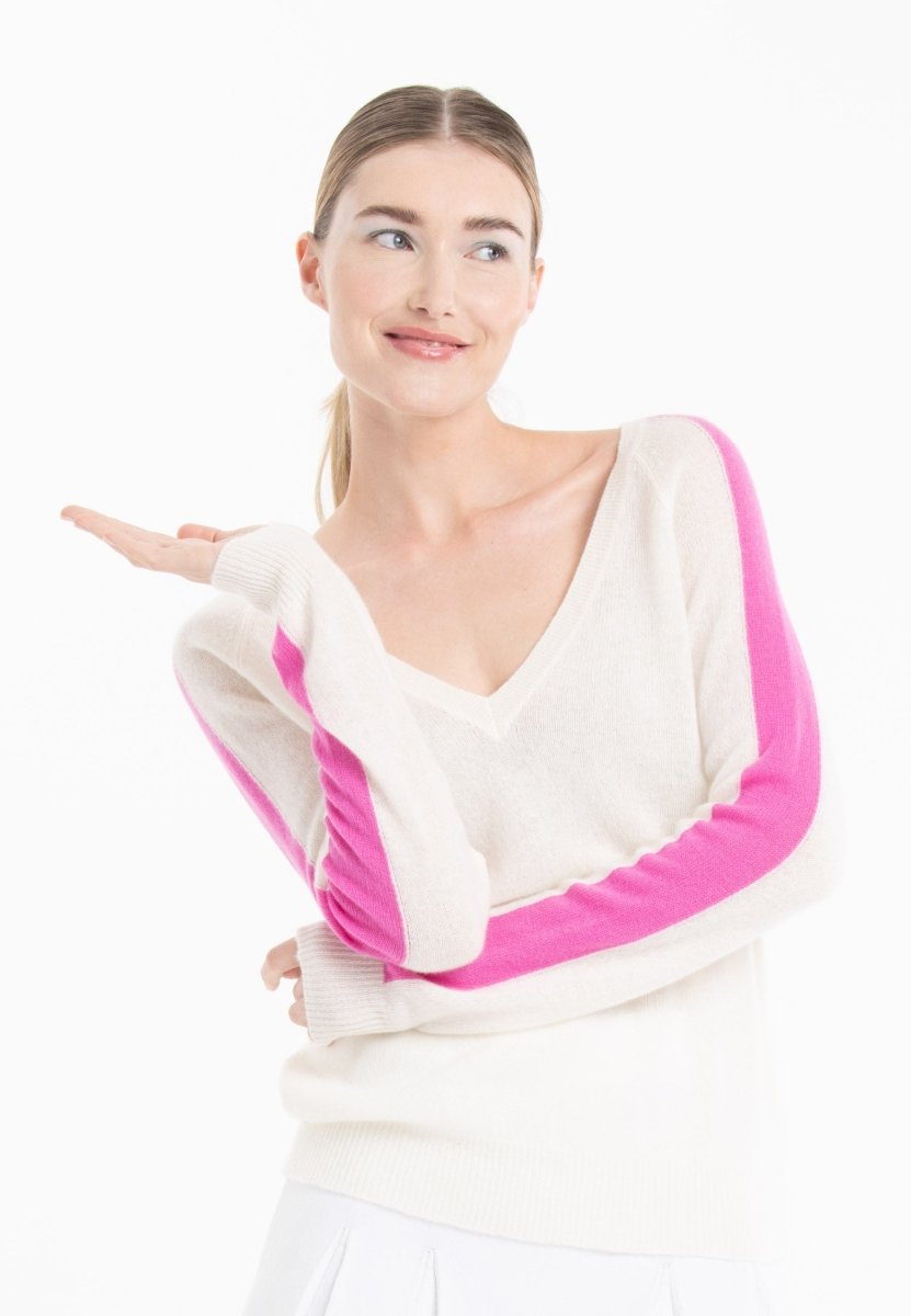 Pull col V en cachemire écru/ rose barbie femme - RIA 1-col v femme-Studio Cashmere8-M-SC8-01075-blanc écru/rose barbie-Urbanheer