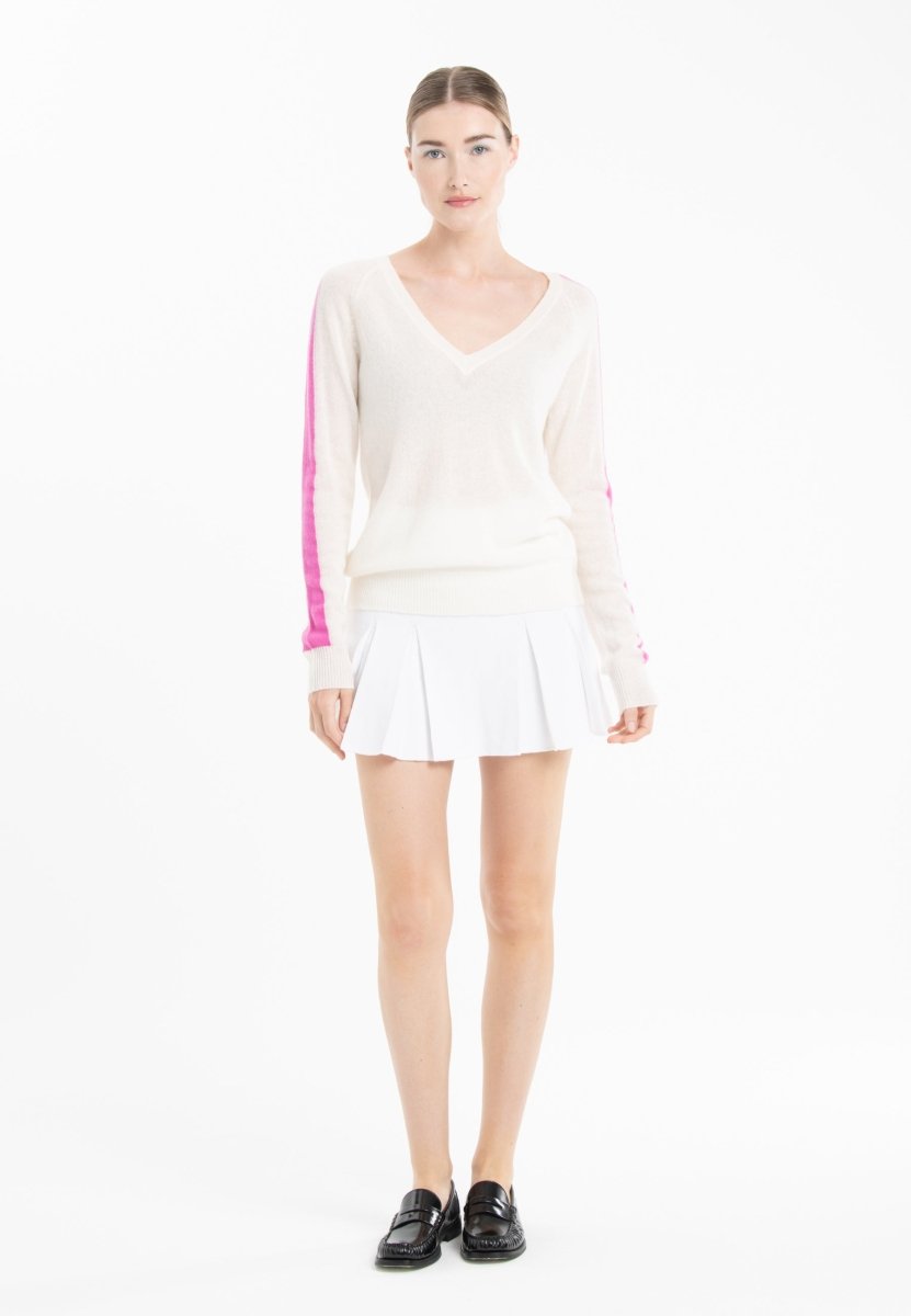 Pull col V en cachemire écru/ rose barbie femme - RIA 1-col v femme-Studio Cashmere8-M-SC8-01075-blanc écru/rose barbie-Urbanheer