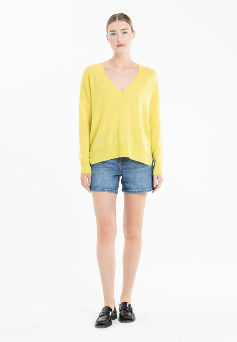 Pull col V en cachemire jaune fluo/ rose barbie femme - NAMI 23-col v femme-Studio Cashmere8-S-M-SC8-01111-jaune fluo/rose barbie-Urbanheer