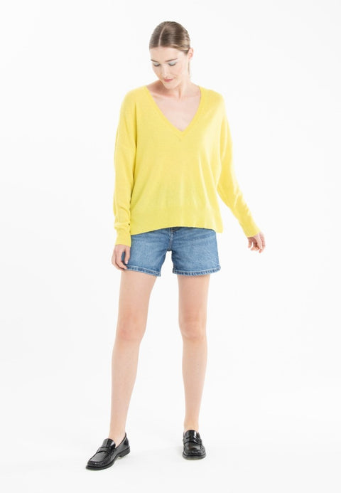 Pull col V en cachemire jaune fluo/ rose barbie femme - NAMI 23-col v femme-Studio Cashmere8-S-M-SC8-01111-jaune fluo/rose barbie-Urbanheer