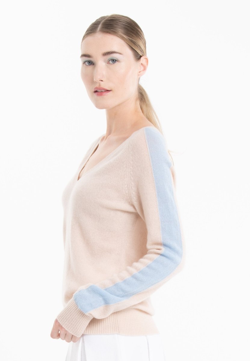 Pull col V en cachemire skin/ baby blue femme - RIA 1-col v femme-Studio Cashmere8-S-SC8-01068-skin/baby blue-Urbanheer